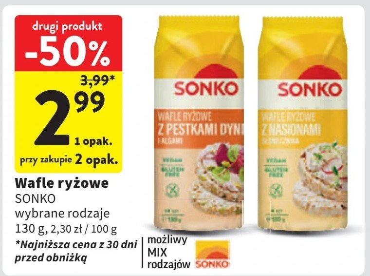 Wafle ryżowe z pestkami dyni i algami morskimi Sonko promocja w Intermarche