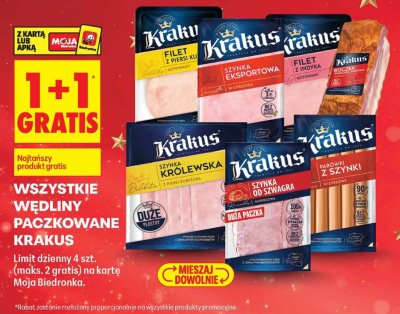 Wędliny paczokowane Krakus - różne rodzaje (Filet z piersi kurczaka, Szynka eksportowa, Filet z indyka, Szynka królewska, Szynka od szwagra, Parówki z szynki) promocja w Biedronka