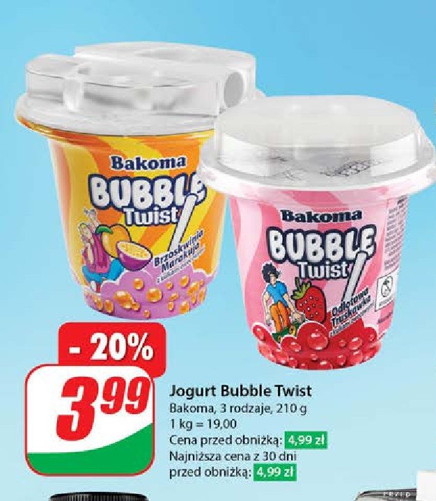 Jogurt brzoskwinia-marakuja Bakoma bubble twist promocja w Dino