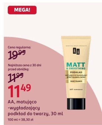 Matująco-wygładzający podkład do twarzy, 30 ml AA promocja w Rossmann