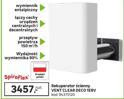 Rekuperator ścienny VENT CLEAR DECO 1ERV promocja w Leroy Merlin