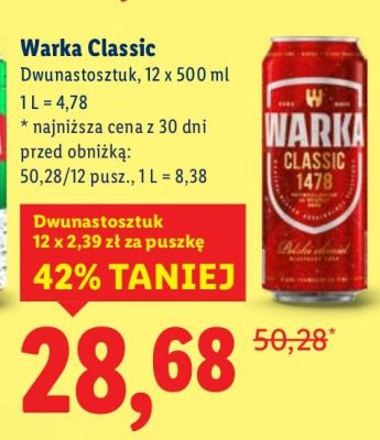Piwo Warka Classic 12 x 500 ml promocja w Lidl