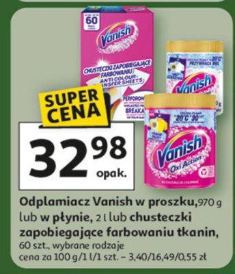 Odplamiacz Vanish w proszku, 970 g lub w płynie, 940 g chusteczki zapobiegające farbowaniu tkanin, 60 szt. promocja w Auchan