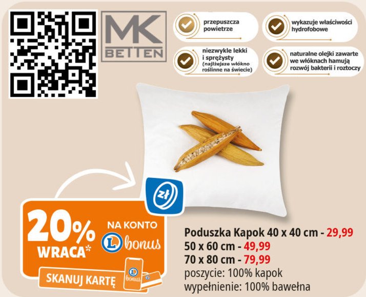 Poduszka kapok 70 x 80 cm Mk betten promocja w Leclerc