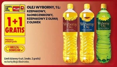 Olej słonecznikowy, rzepakowy, rzepakowy z oliwą 1 l 1+1 GRATIS promocja w Biedronka