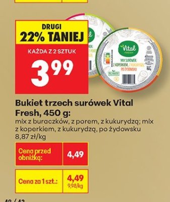 Bukiet trzech surówek Vital Fresh mix z buraczków, z porem, z kukurydzą; mix z koperkiem, z kukurydzą, po żydowsku 450g promocja w Biedronka