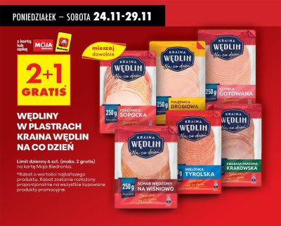Wszystkie wędliny w plastrach Kraina Wędlin na Co Dzień 2+1 GRATIS promocja w Biedronka