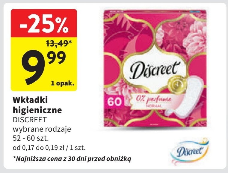 Wkładki normal no perfume Discreet promocja w Intermarche