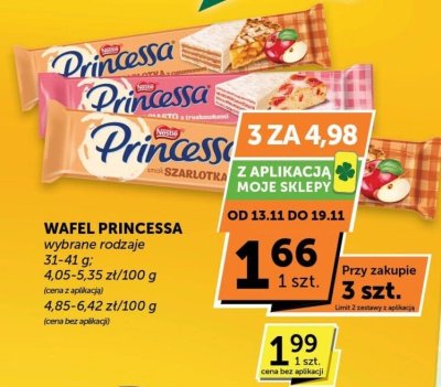 Wafel Princessa wyborne rodzaje ciasteczka 4.05-4.55 zł/100 g / 4.06-6.42 zł/100 g promocja w Euro Sklep