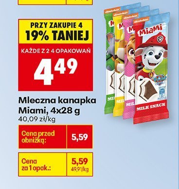 Mleczna kanapka Miamii, 4x28 g promocja w Biedronka