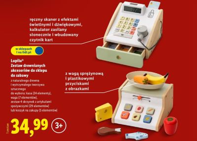Zestaw drewnianych akcesoriów do sklepu do zabawy promocja w Lidl