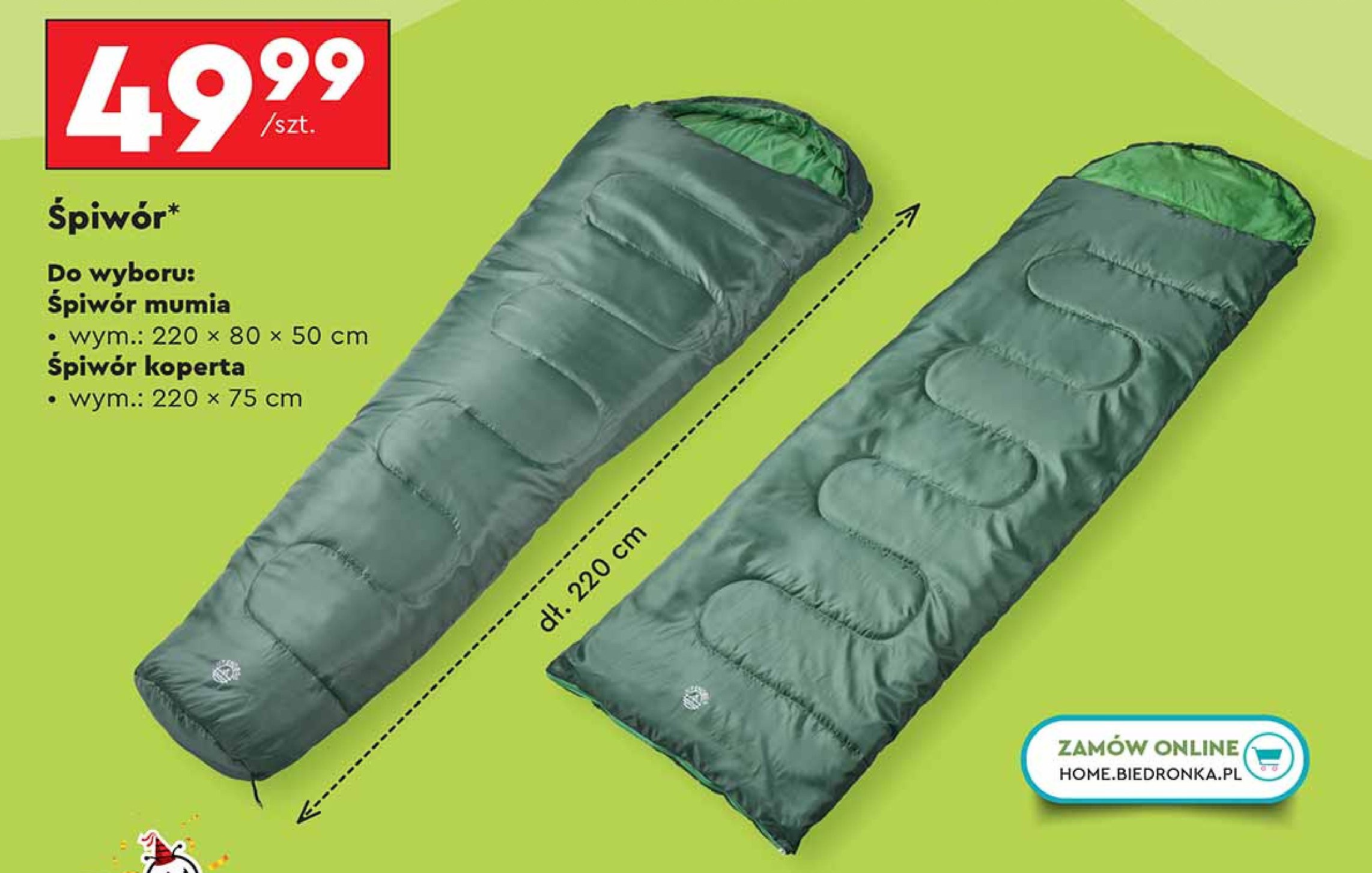 Śpiwór mumia 220 x 80 cm promocja w Biedronka