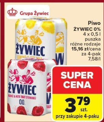 Piwo ŻYWIEC 0% 4 x 0,5 l puszka różne rodzaje promocja w Carrefour