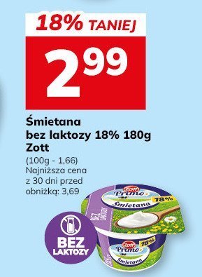 Śmietana bez laktozy Zott 18% 180g promocja w Hitpol