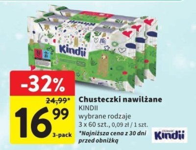 Chusteczki nawilżane Kindii wybrane rodzaje 3x60 szt. promocja w Intermarche