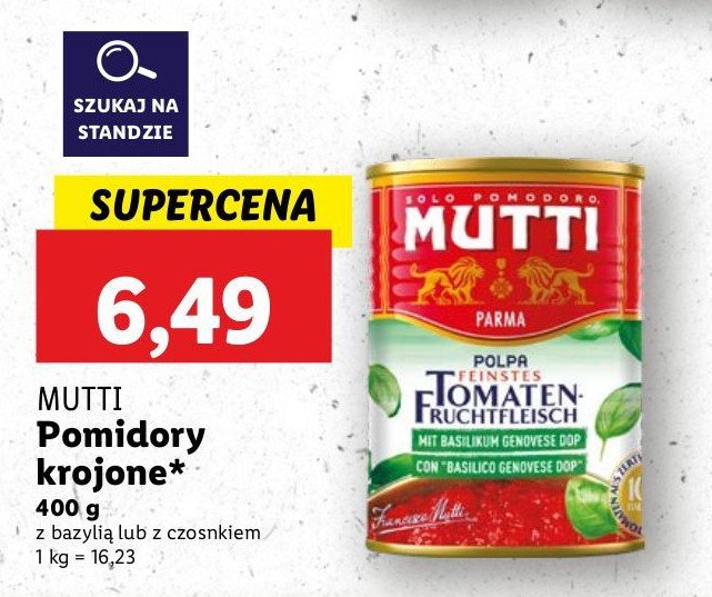 Pomidory drobno krojone polpa z bazylią Mutti promocja w Lidl