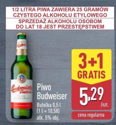 Piwo Budweiser 3+1 gratis promocja w Aldi
