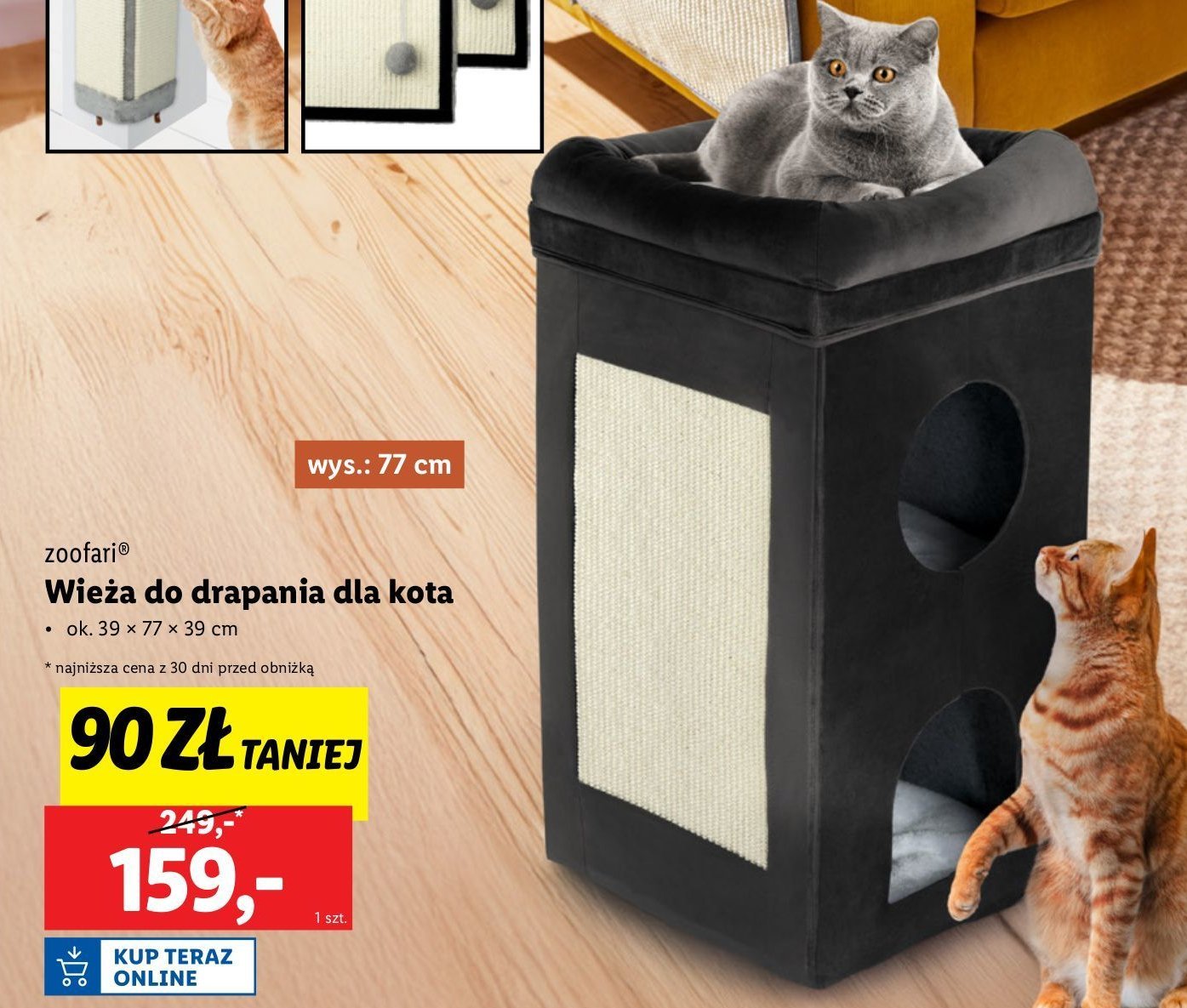 Wieża do drapania dla kota 39 x 77 x 39 cm Zoofari promocja w Lidl