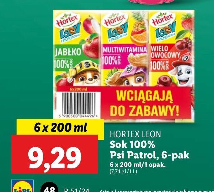 Sok jabłko + multiwitamina + wieloowocowy Hortex leon promocja w Lidl