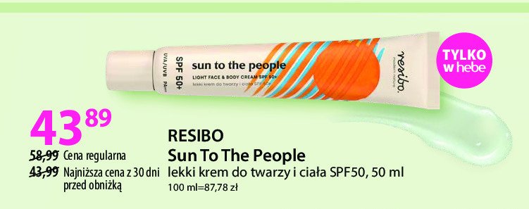 Krem lekki do twarzy i ciała spf 50+ Resibo sun to the people promocja