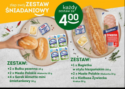 Zestaw śniadaniowy: bagietka w stylu hiszpańskim 150 g + kiełbasa żywiecka krakus 50 g + 2 masło polskie mlekovita 10 g Żabka cafe promocja