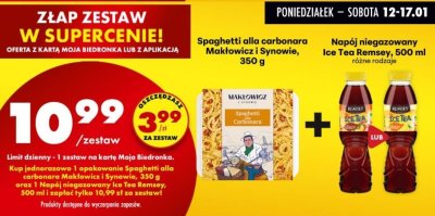 Zestaw: Spaghetti alla carbonara Makłowicz i Synowie 350g + Napój niegazowany Ice Tea Remsey różne rodzaje promocja w Biedronka