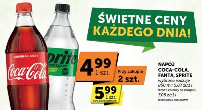 Napój Coca-Cola, Fanta, Sprite wybrane rodzaje mniej cukru/bez cukru mniej ż 2 rozmiary na paragonie 700 zł/1 l / 2,77 zł/l promocja w Euro Sklep