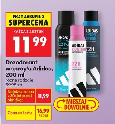 Dezodorant w spray'u Adidas, 200 ml różne rodzaje 59,95 zł/l promocja w Biedronka