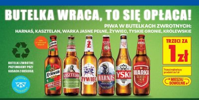 Piwa w butelkach zwrotnych: Harnaś, Kasztelan, Warka Jasne Pełne, Żywiec, Tyskie Gronie, Królewskie DRUGIE ZA 1 ZŁ promocja w Biedronka