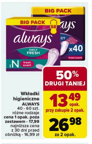 Wkładki higieniczne normal fresh scent Always dailies fresh & protect promocja w Carrefour Market