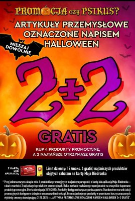 Artykuły przemysłowe oznaczone napisem Halloween 2+2 gratis promocja w Biedronka