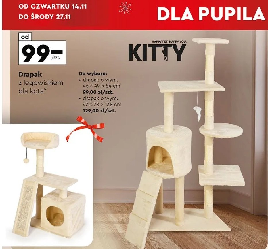 Drapak z legowiskiem dla kota 46 x 49 x 84 cm Kitty promocja w Biedronka