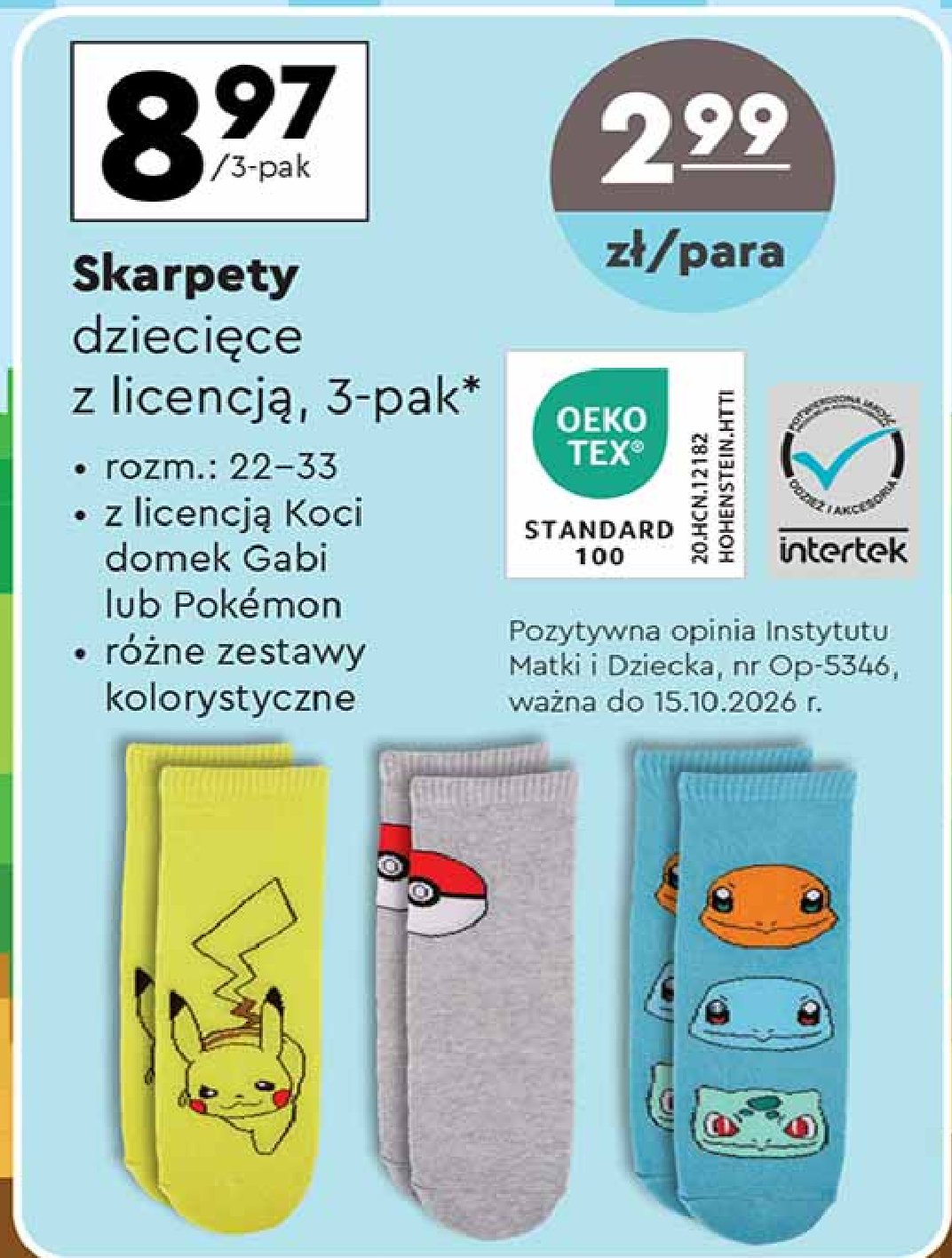 Skarpetki dziecięce 22-33 pokemon promocja