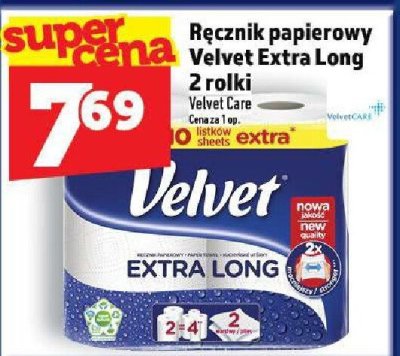Ręcznik papierowy Velvet Extra Long 2 rolki promocja w TOPAZ