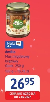 DmBio Mus migdałowy brązowy Opak. 250 g, 100 g = 10,78 zł promocja w Drogerie DM