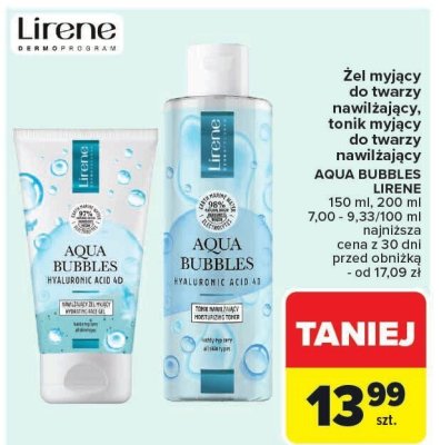 Żel myjący do twarzy nawilżający, tonik myjący do twarzy nawilżający AQUA BUBBLES LIRENE 150ml promocja w Carrefour Market