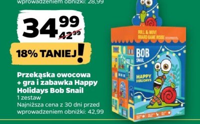 Przekąska owocowa + gra i zabawka Happy Holidays Bob Snail 1 zestaw promocja w Netto