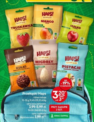 Przekąski Haps różne rodzaje: truskawka suszona słodzona, mango żelki, jabłko, kulki owsiane z czekoladą, migdały prażone solone, pistacje prażone solone promocja w Żabka