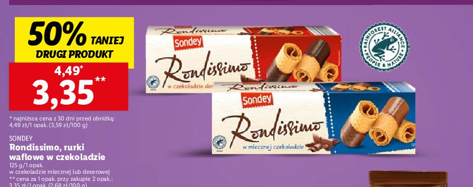 Rurki waflowe w czekoladzie deserowej Sondey promocja