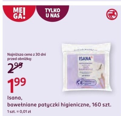 Chusteczki nawilżane Isana, bawełniane pałyczki higieniczne, 160 szt. promocja w Rossmann