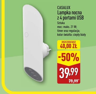 Lampka nocna z 4 portami USB CASALUX - Sztuka moc: maks. 21 W; timer oraz regulacja; kolor światła: ciepły biały promocja w Aldi