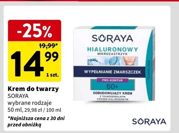 Krem regenerujący 60+ SORAYA BEAUTY CREATOR HIALURONOWE ODMŁODZENIE promocja w Intermarche