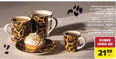 Kubek porcelanowy linia ANIMAL LAMPART poj. 250 - 400 ml filiżanka - 17,99 zł poj. 90 ml talerz deserowy - 19,99 zł ø 14,5 cm promocja w Carrefour