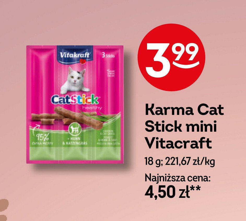 Przysmak dla kota z kurczakiem i kocią trawą Vitakraft cat stick mini promocja w Żabka