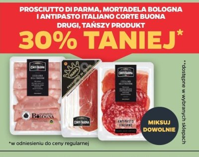 Prosciutto di Parma, Mortadela Bologna i Antipasto Italiano Corte Buona DRUGA -30% promocja w Netto