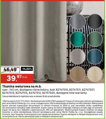 Tkanina welurowa Leroy Merlin promocja w Leroy Merlin