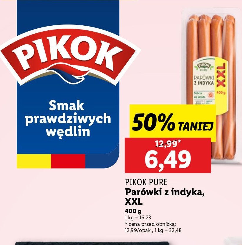Parówki z indyka xxl Pikok pure promocja w Lidl