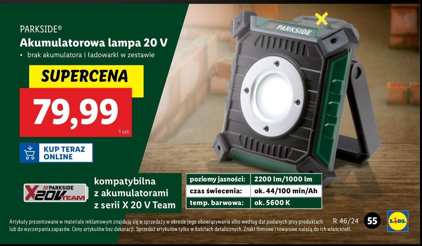 Lampa akumulatorowa 20 v Parkside promocja