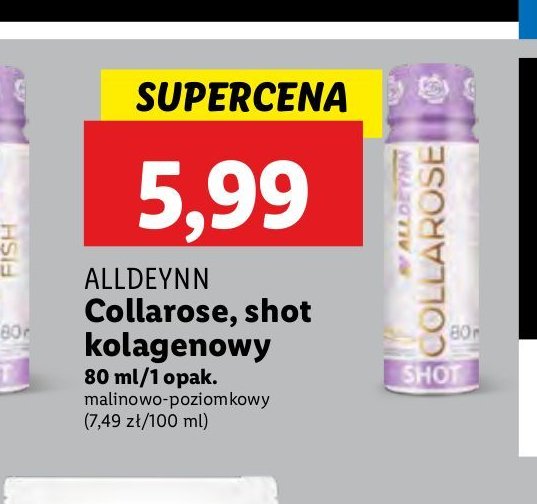 Shot kolagenowy malinowo- poziomkowy Alldeynn promocja w Lidl