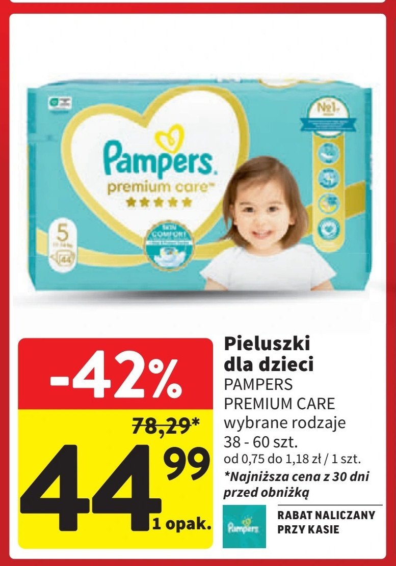 Pieluszki dla dzieci 5 Pampers premium care promocja w Intermarche